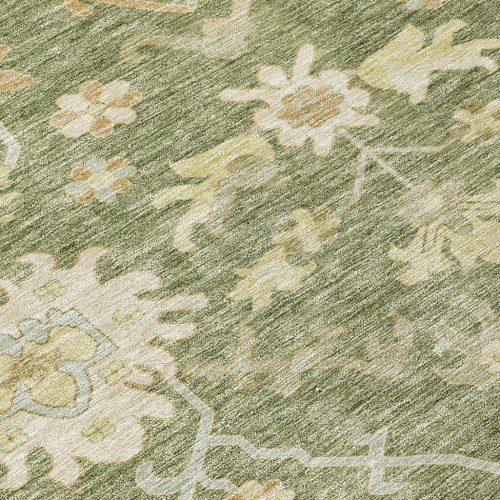 8' X 10' Artichoke Green Ivory And Tan Floral Washable Indoor Outdoor Area Rug