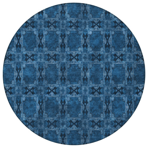 8' Round Navy and Gray Round Floral Medallion Washable Non Skid Indoor Outdoor Area Rug