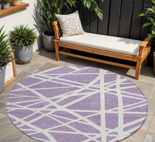 8' Lavender And Ivory Round Geometric Washable Indoor Outdoor Area Rug