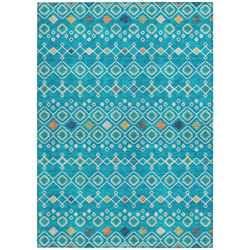 9' X 12' Teal Blue Ivory And Gold Geometric Washable Indoor Outdoor Area Rug