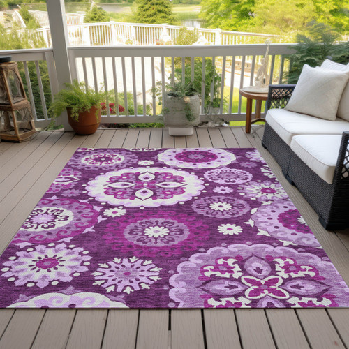 8' X 10' Eggplant And Mauve Floral Medallion Washable Indoor Outdoor Area Rug