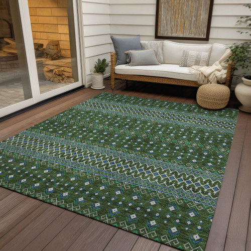 10' X 14' Olive Green And Blue Tribal Washable Indoor Outdoor Area Rug