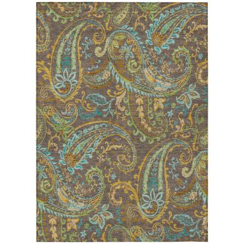 10' X 14' Brown Aqua and Gold Paisley Washable Non Skid Indoor Outdoor Area Rug
