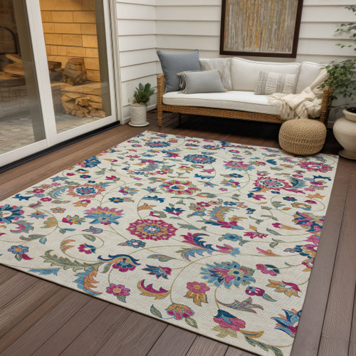 8' X 10' Linen Pink And Denim Blue Floral Washable Indoor Outdoor Area Rug