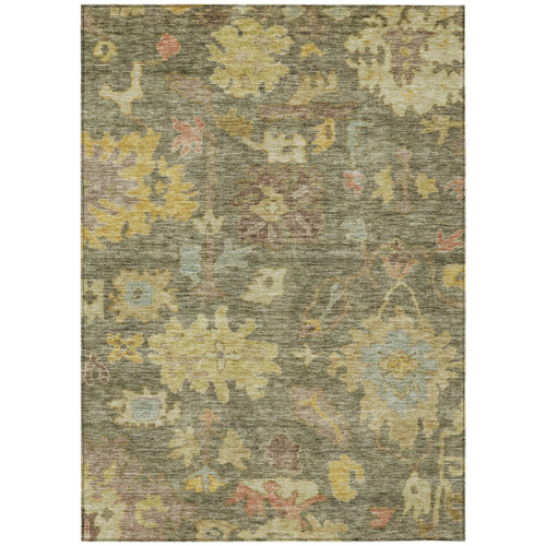 8' X 10' Artichoke Green Coral And Brown Floral Washable Indoor Outdoor Area Rug