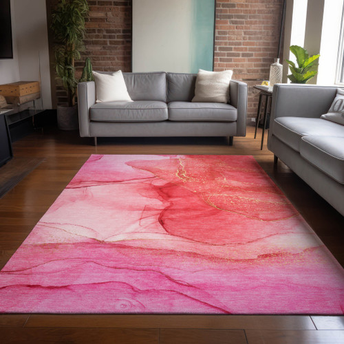 8' X 10' Pink Abstract Washable Non Skid Indoor Outdoor Area Rug