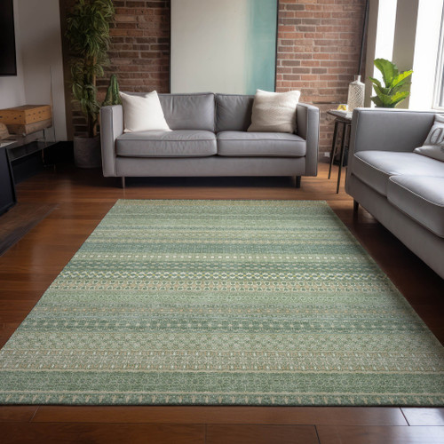 10' X 14' Artichoke Green Striped Washable Non Skid Indoor Outdoor Area Rug