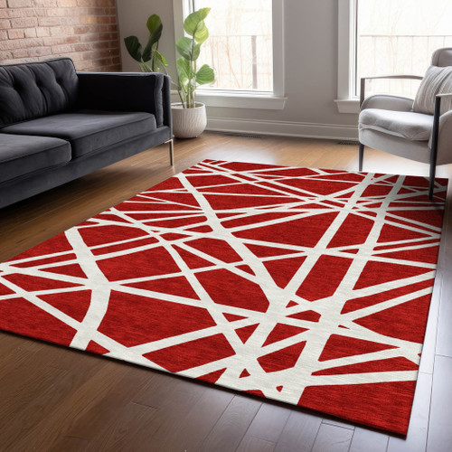 10' X 14' Red And Ivory Geometric Washable Indoor Outdoor Area Rug