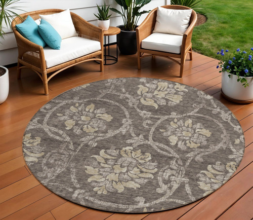8' Brown Beige And Taupe Round Floral Washable Indoor Outdoor Area Rug