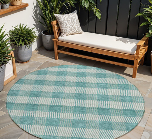 8' Teal Blue And Ivory Round Plaid Washable Indoor Outdoor Area Rug