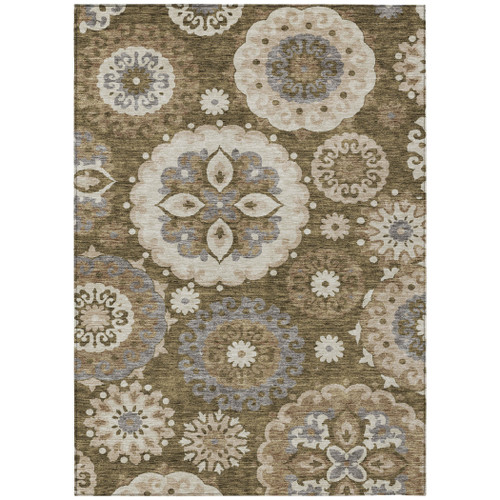 9' X 12' Brown Ivory And Beige Floral Medallion Washable Indoor Outdoor Area Rug