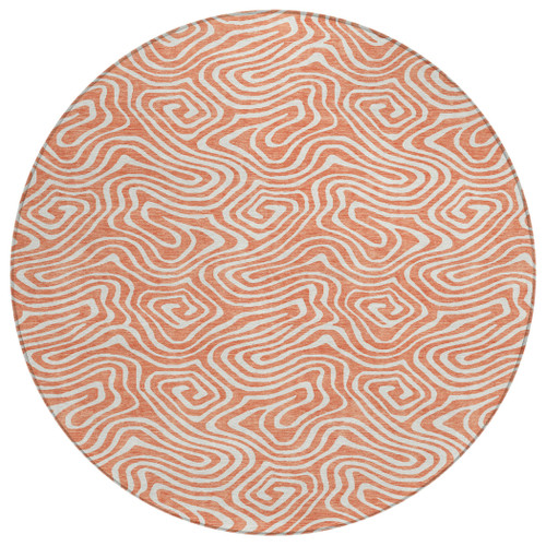 8' Salmon And Ivory Round Abstract Washable Indoor Outdoor Area Rug