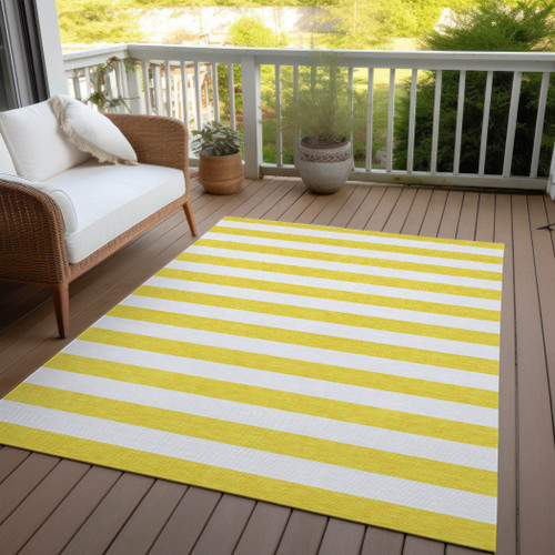 8' X 10' Yellow and White Striped Washable Indoor Outdoor Area Rug