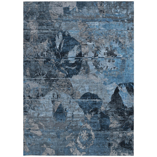 9' X 12' Blue and Dark Blue Floral Washable Non Skid Indoor Outdoor Area Rug