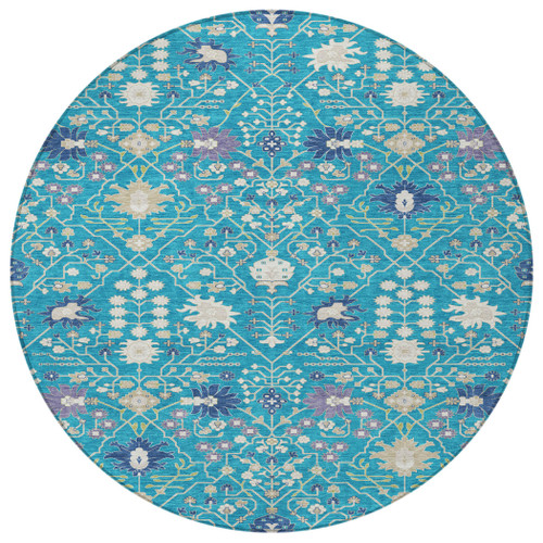 8' Teal Blue Purple And Ivory Round Oriental Washable Indoor Outdoor Area Rug