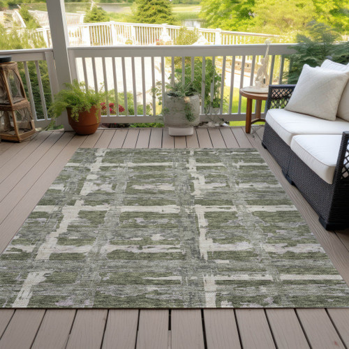 8' X 10' Olive Green Gray And Beige Striped Washable Indoor Outdoor Area Rug