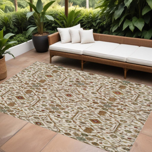8' X 10' Ivory Brown And Red Floral Washable Indoor Outdoor Area Rug