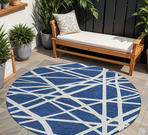 8' Navy Blue And Ivory Round Geometric Washable Indoor Outdoor Area Rug