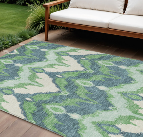 8' X 10' Green Ivory And Blue Ikat Washable Indoor Outdoor Area Rug