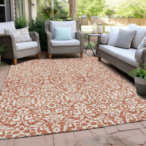 10' X 14' Coral And Ivory Damask Washable Indoor Outdoor Area Rug