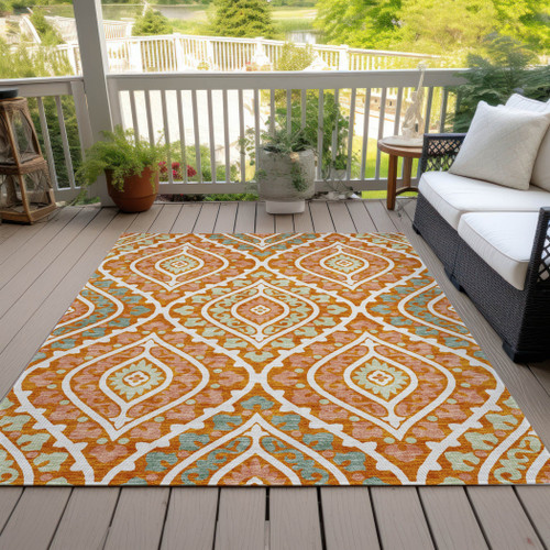 8' X 10' Orange Peach And Ivory Floral Washable Indoor Outdoor Area Rug