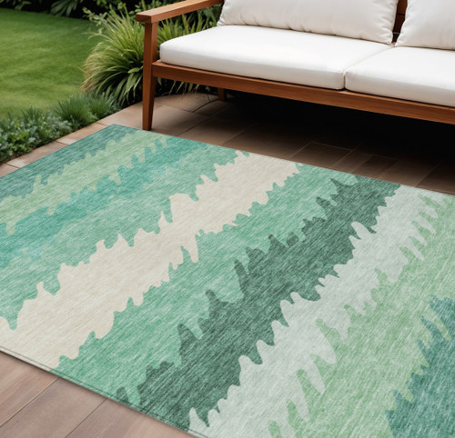 8' X 10' Sage Green And Ivory Striped Washable Indoor Outdoor Area Rug
