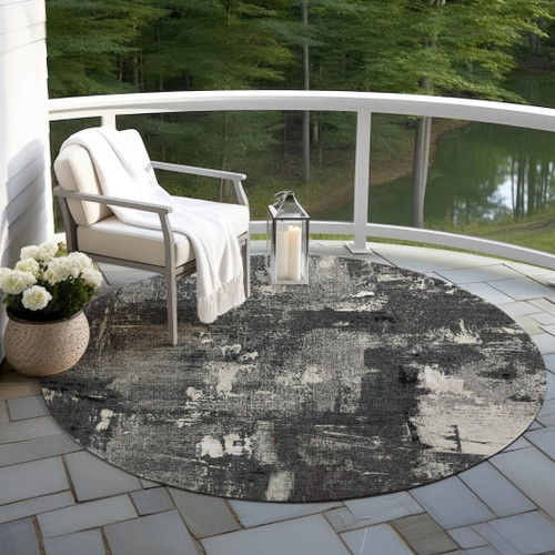 8' Black Gray And Ivory Round Abstract Washable Indoor Outdoor Area Rug