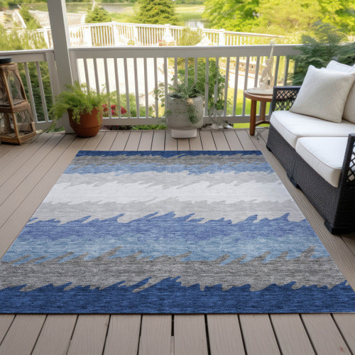 8' X 10' Navy Blue Gray And Silver Striped Washable Indoor Outdoor Area Rug