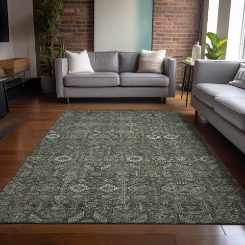 10' X 14' Moss Green and Gray Floral Washable Non Skid Indoor Outdoor Area Rug
