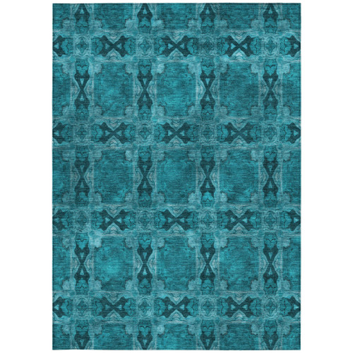 9' X 12' Teal Floral Medallion Washable Non Skid Indoor Outdoor Area Rug