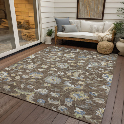 9' X 12' Chocolate Beige And Blue Floral Washable Indoor Outdoor Area Rug