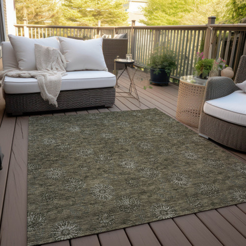 9' X 12' Brown And Beige Floral Washable Indoor Outdoor Area Rug
