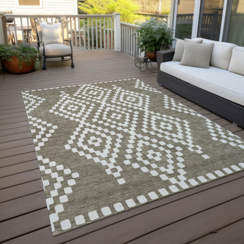 10' X 14' Taupe And Ivory Geometric Washable Indoor Outdoor Area Rug