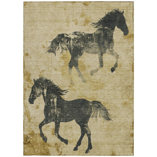 10' X 14' Gold And Charcoal Horse Washable Indoor Outdoor Area Rug