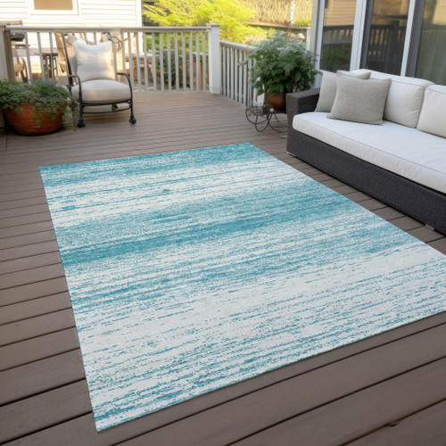 9' X 12' Teal Blue And Ivory Striped Washable Indoor Outdoor Area Rug