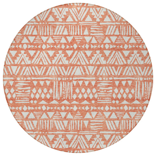8' Coral And Ivory Round Southwestern Washable Indoor Outdoor Area Rug