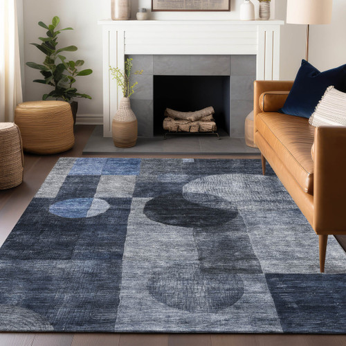 9' X 12' Navy Blue Gray And Charcoal Geometric Washable Indoor Outdoor Area Rug