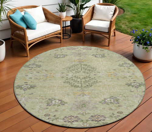 8' Artichoke Green Brown And Beige Round Floral Washable Indoor Outdoor Area Rug