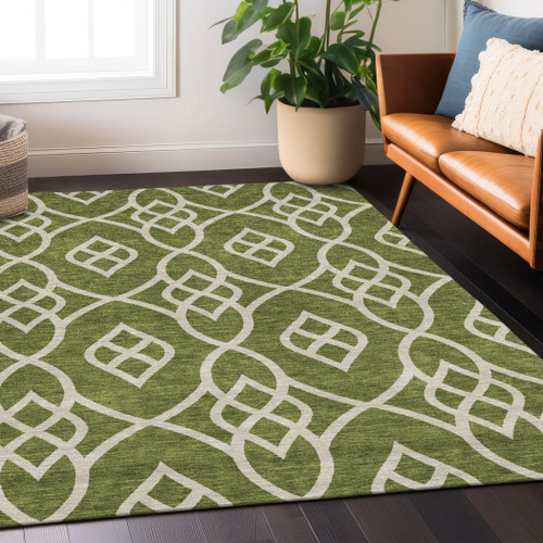 10' X 14' Olive Green And Ivory Trellis Washable Indoor Outdoor Area Rug
