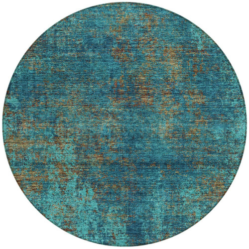 8' Teal Blue Navy Blue And Brown Round Abstract Washable Indoor Outdoor Area Rug