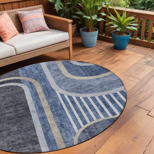 8' X 8' Blue and Black Round Abstract Washable Indoor Outdoor Area Rug