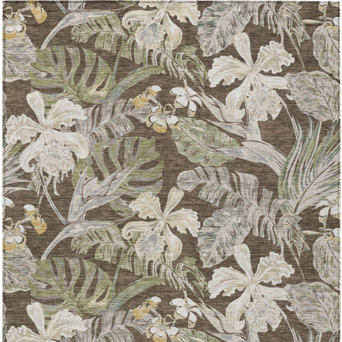 8' X 10' Brown Beige And Olive Green Botanical Leaves Washable Indoor Outdoor Area Rug