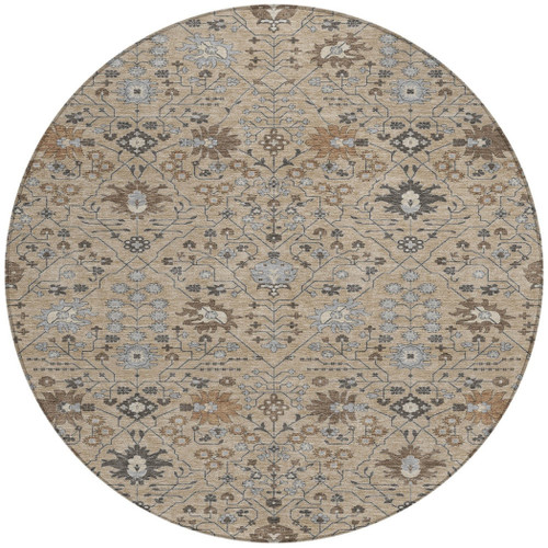 8' Taupe Brown And Gray Round Oriental Washable Indoor Outdoor Area Rug