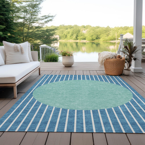 8' X 10' Teal Blue And Aqua Striped Washable Indoor Outdoor Area Rug