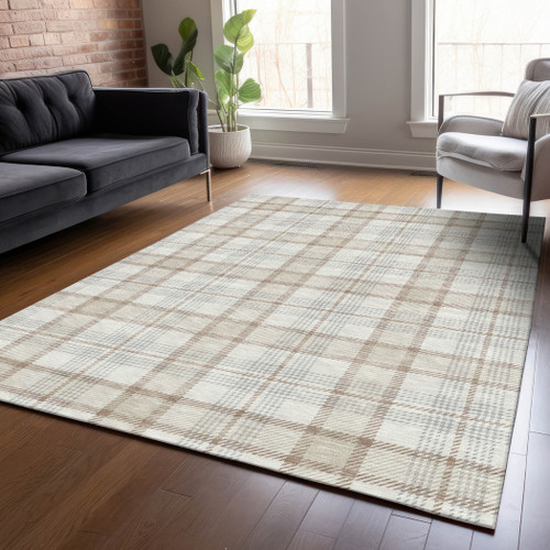8' X 10' Linen And Brown Plaid Washable Indoor Outdoor Area Rug