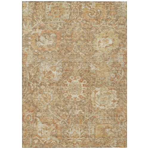 9' X 12' Khaki And Brown Damask Washable Indoor Outdoor Area Rug