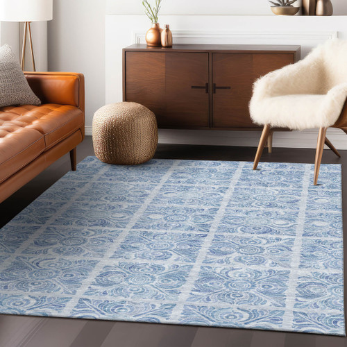 8' X 10' Sky Blue And Denim Blue Medallion Washable Indoor Outdoor Area Rug