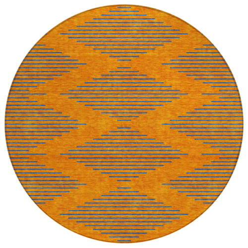 8' Orange And Blue Round Geometric Washable Indoor Outdoor Area Rug