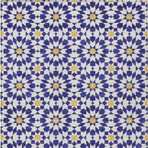 9' X 12' Navy Blue And Ivory Floral Medallion Washable Indoor Outdoor Area Rug