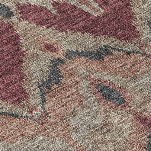 8' Burgundy Beige And Charcoal Round Ikat Washable Indoor Outdoor Area Rug
